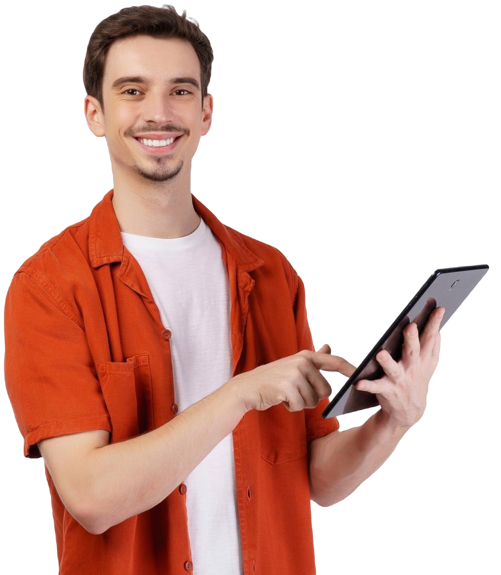 Smiling man in an orange shirt holding a tablet, standing confidently in front of a blue circular background.